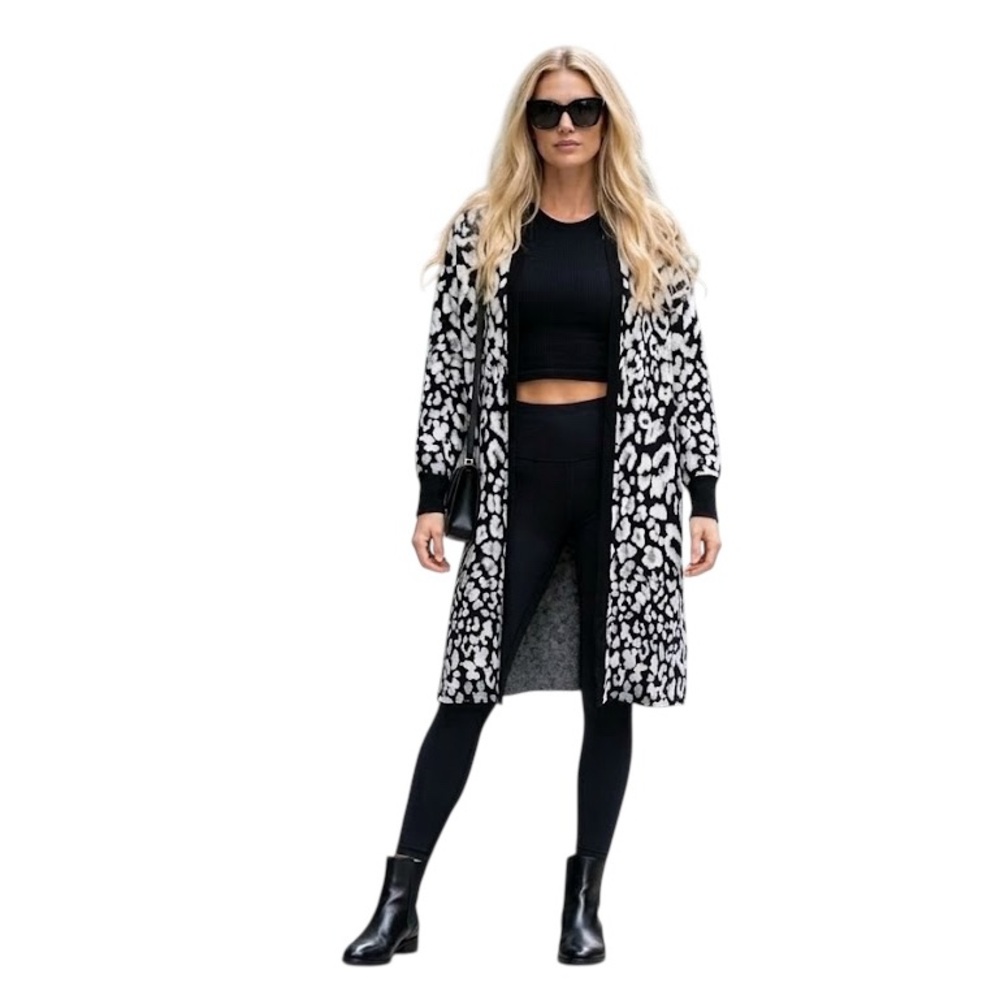 DKNY Black and White Leopard-Pattern Knit Cardigan Size XS
